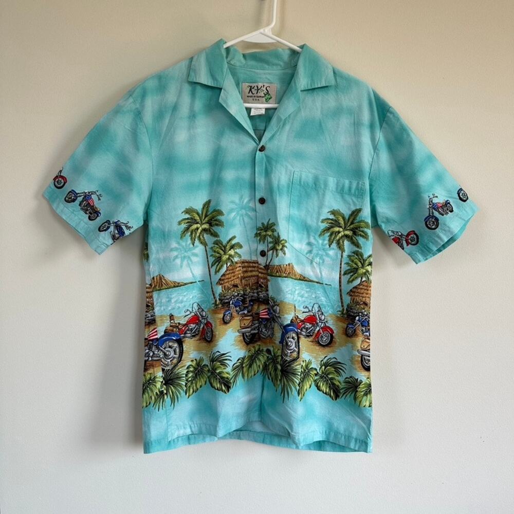 Ky's Hawaii Mens S Aloha Camp Shirt Motorcycle Tropical Blue Made in Hawaii USA